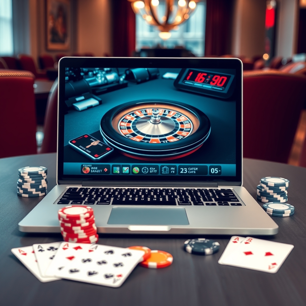 An sg online casino Guide to Games, Rules and Player Limits Laptop displaying an online casino roulette game beside playing cards and casino chips
