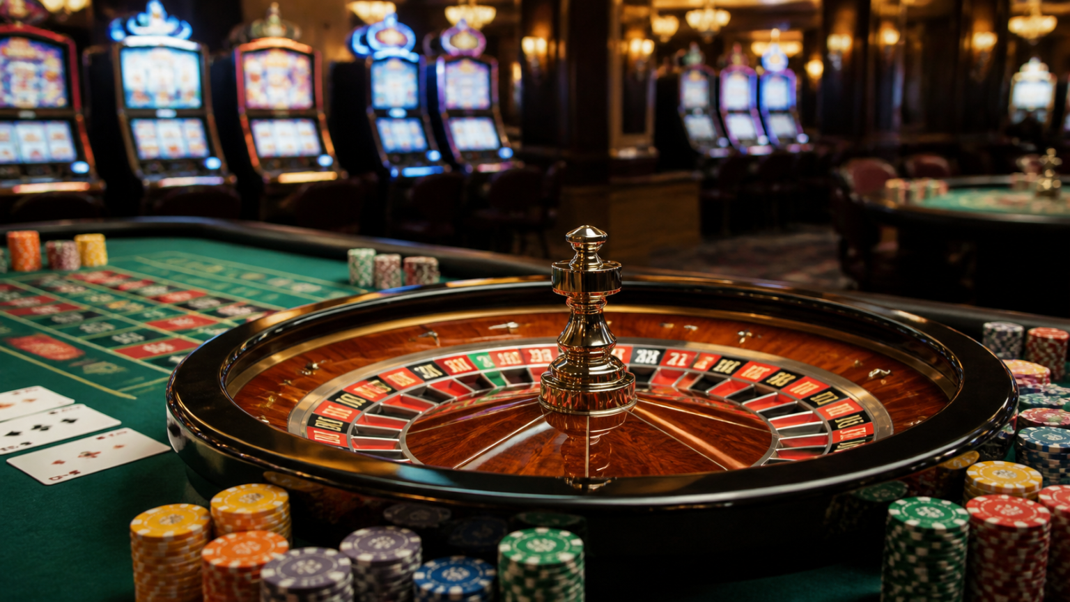 Casino gaming setup with roulette wheel, cards, and slot machines