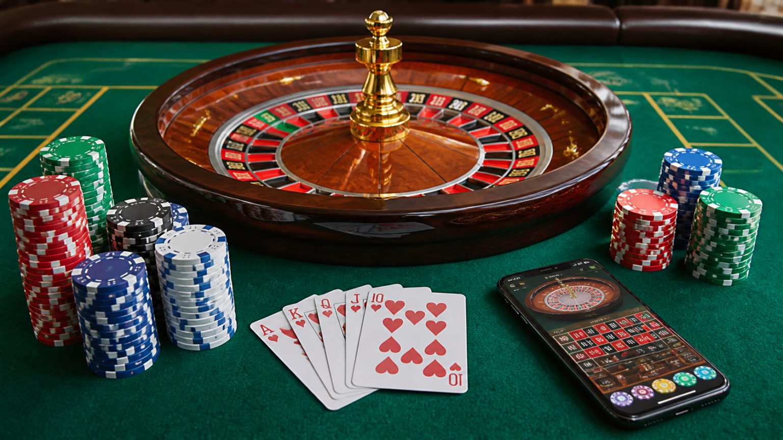 Online casino gaming setup with roulette wheel and smartphone