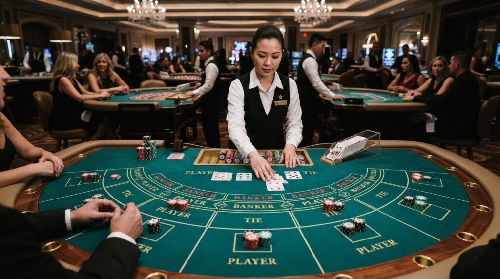Bí Quyết Tìm Hiểu Cách Chơi Baccarat Thắng 100 Vẫn An Toàn Bàn chơi baccarat trực tuyến với bài tây và chip cược chuyên nghiệp