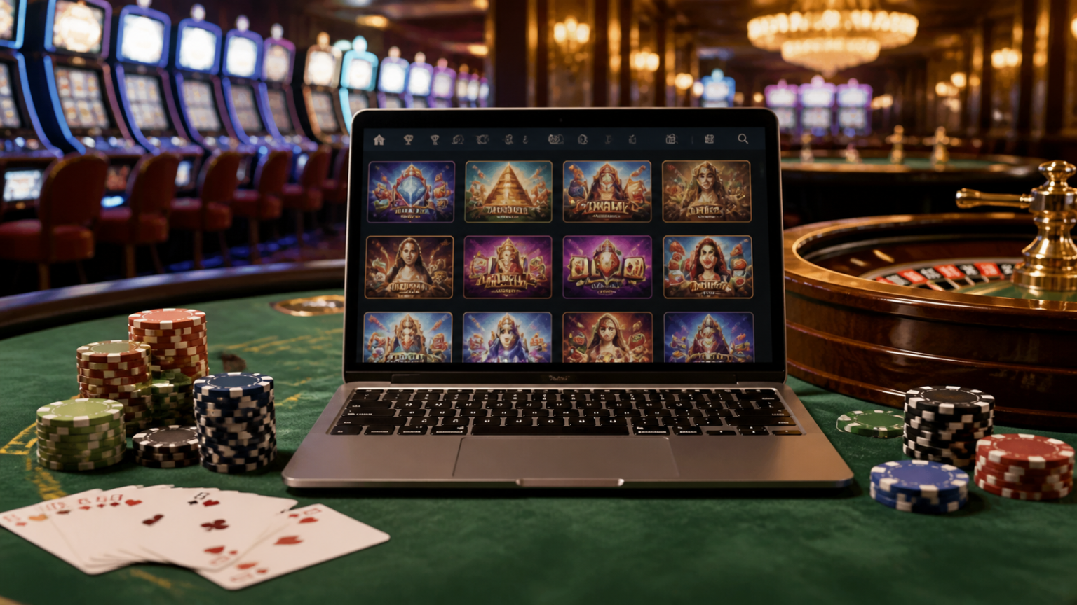 Schermata di un casinò online con slot e laptop