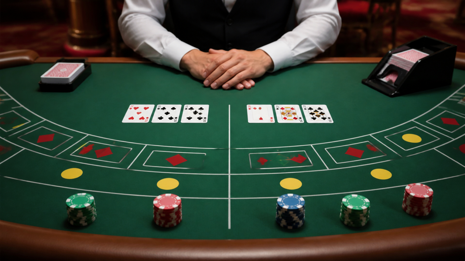 game bài baccarat: Luật chơi, bàn chơi và cách tiếp cận Bàn baccarat tại casino với các lá bài và khu vực đặt cược