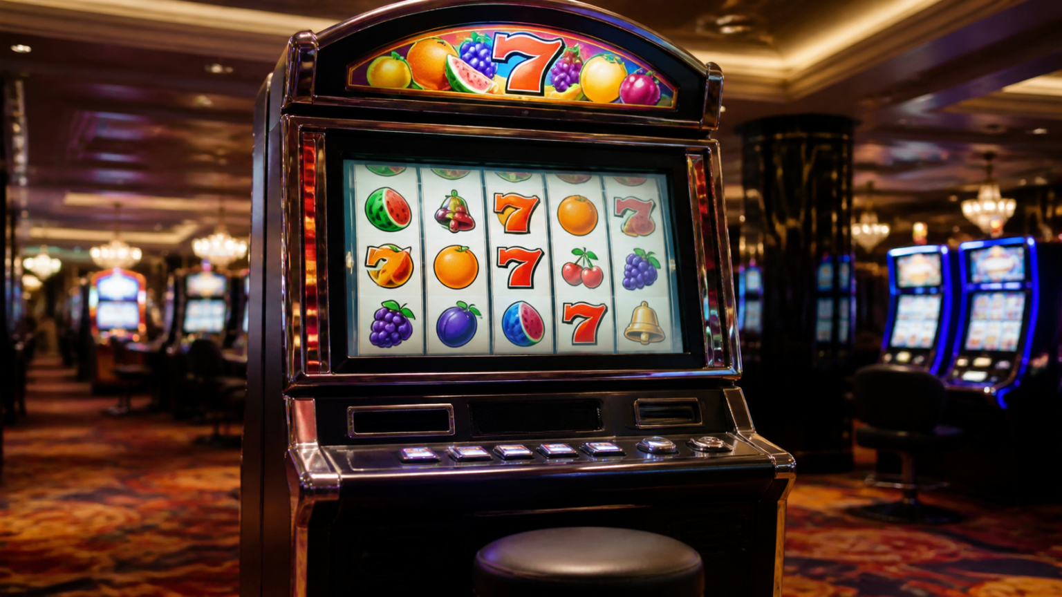 Máy slot casino với các biểu tượng trò chơi nổ hũ hiển thị trên màn hình