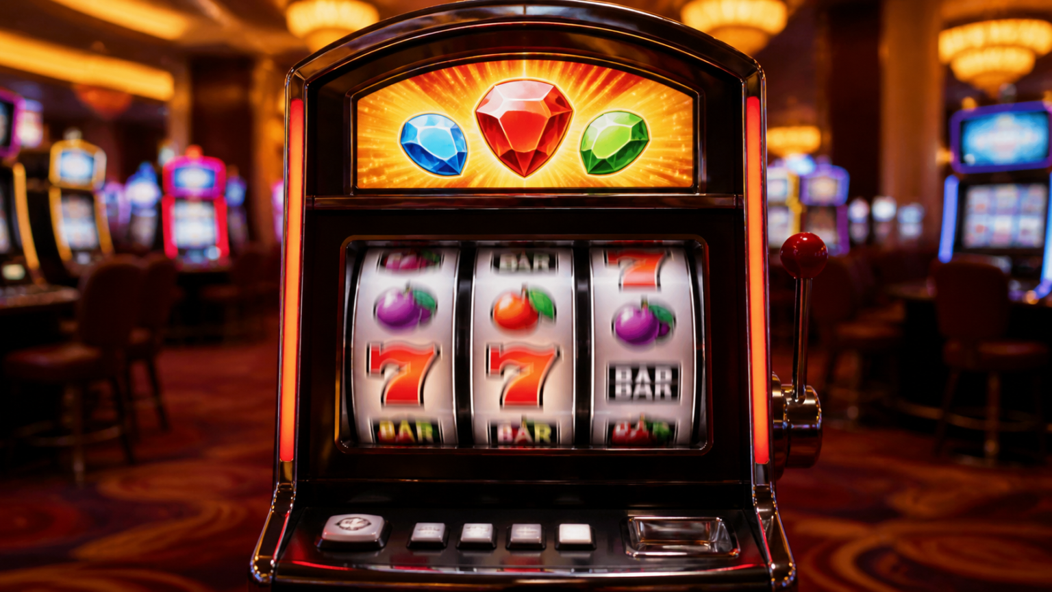 Game nổ hũ: Cách hiểu, chọn và chơi có trách nhiệm Máy chơi game nổ hũ trong sòng bạc với các biểu tượng quay thưởng