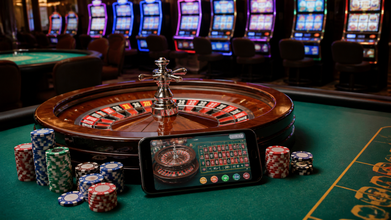 ビットコイン オンラインカジノで楽しめるスロットゲームの種類 Online casino setup with slots, roulette, and mobile gaming interface