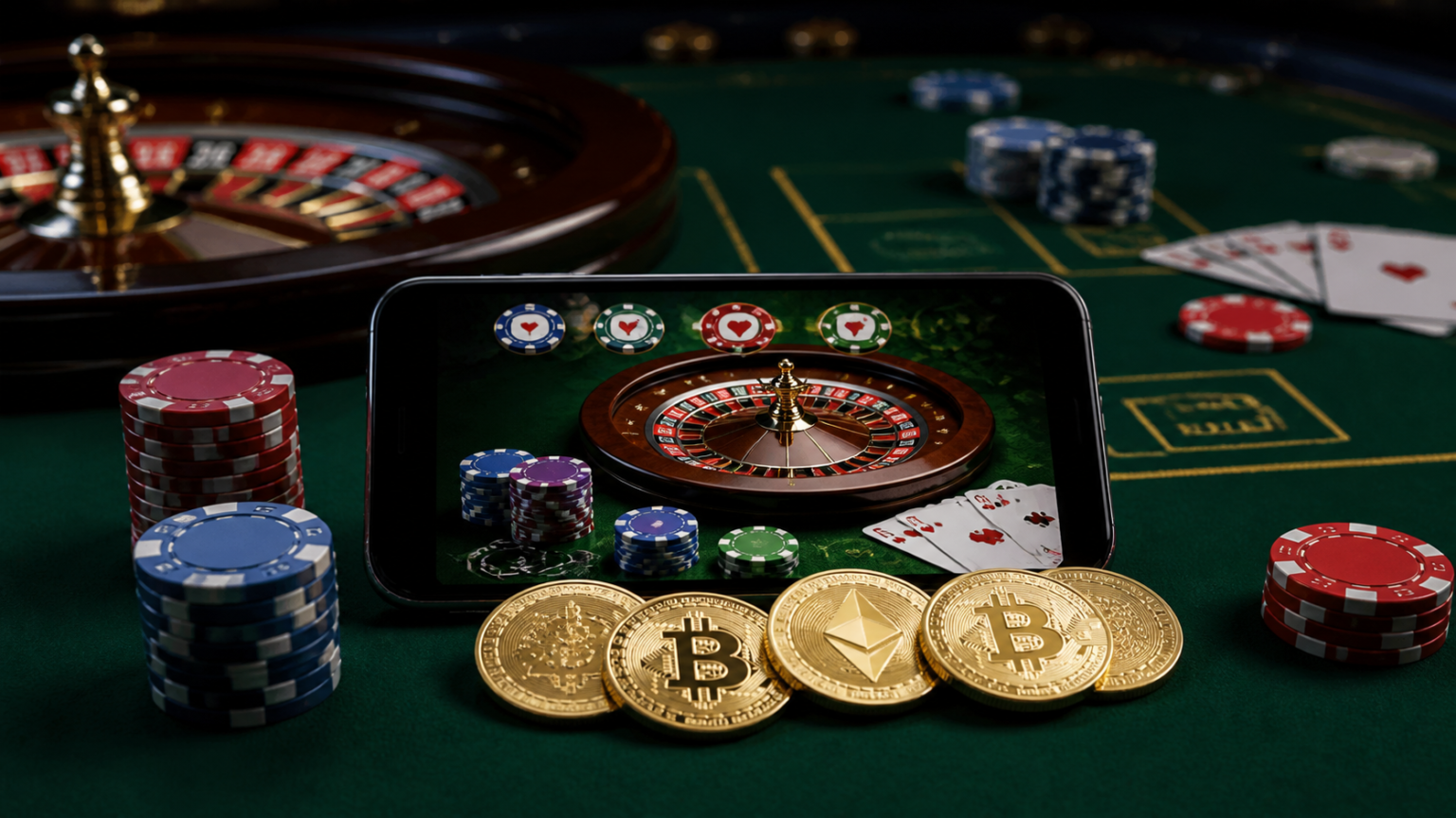 本人 確認 不要 オンライン カジノでスロットを選ぶときに見るべきゲーム機能と条件 Casino table with smartphone showing crypto casino gameplay