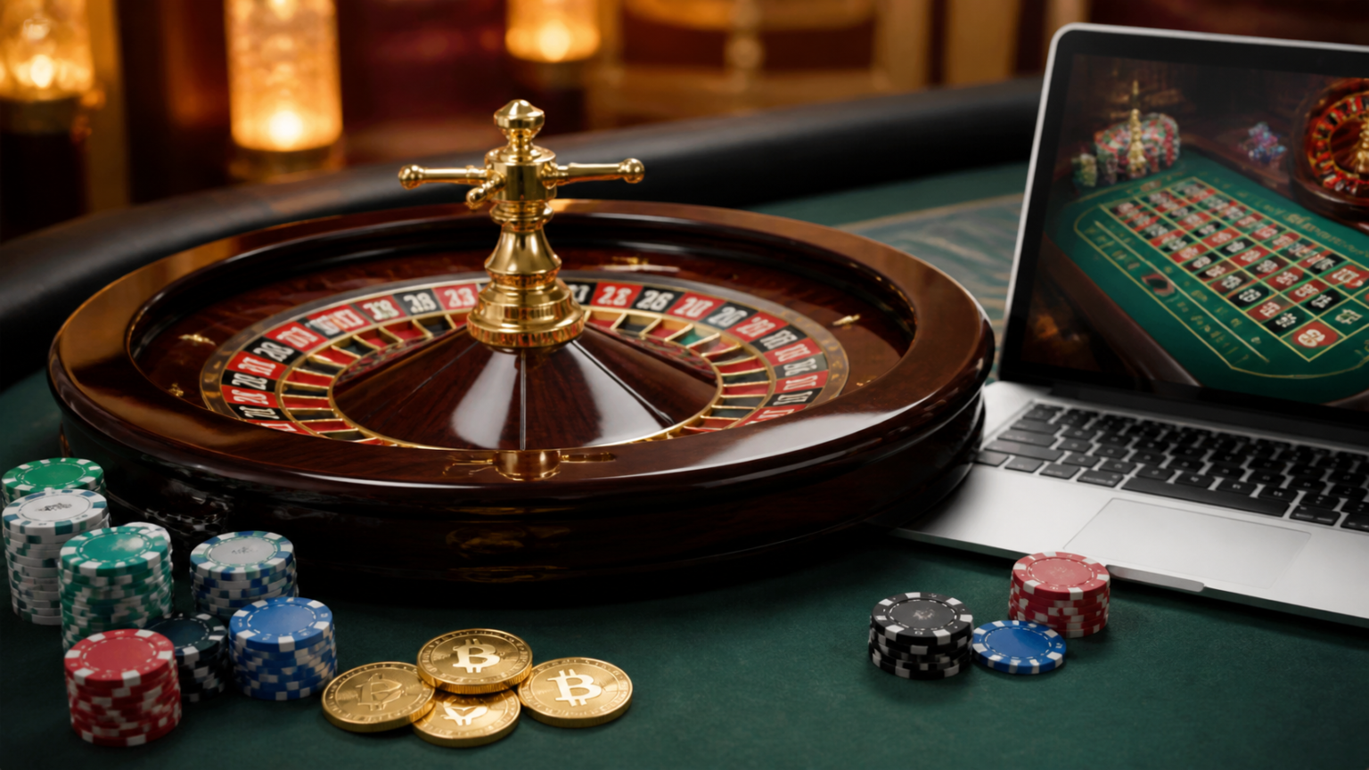 Nuovi Casino e Slots Casinos: Come Confrontare Giochi e Funzionalità Crypto casino gaming setup with roulette, chips, and a laptop