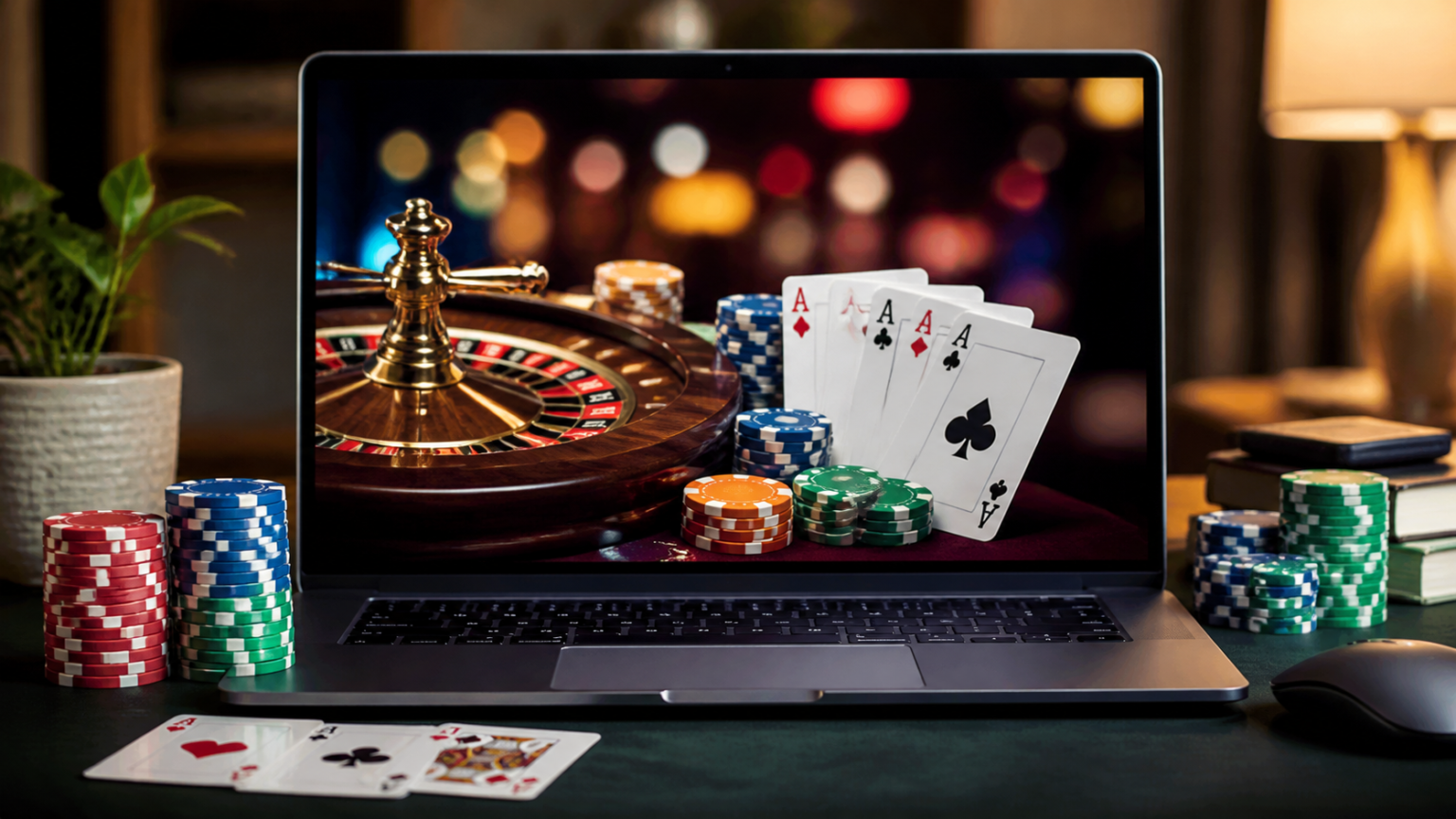 Nhà Cái Uy Tín Nhất Với Giao Diện Dễ Hiểu Và Thông Tin Rõ Ràng Online casino gaming on a laptop with chips and cards