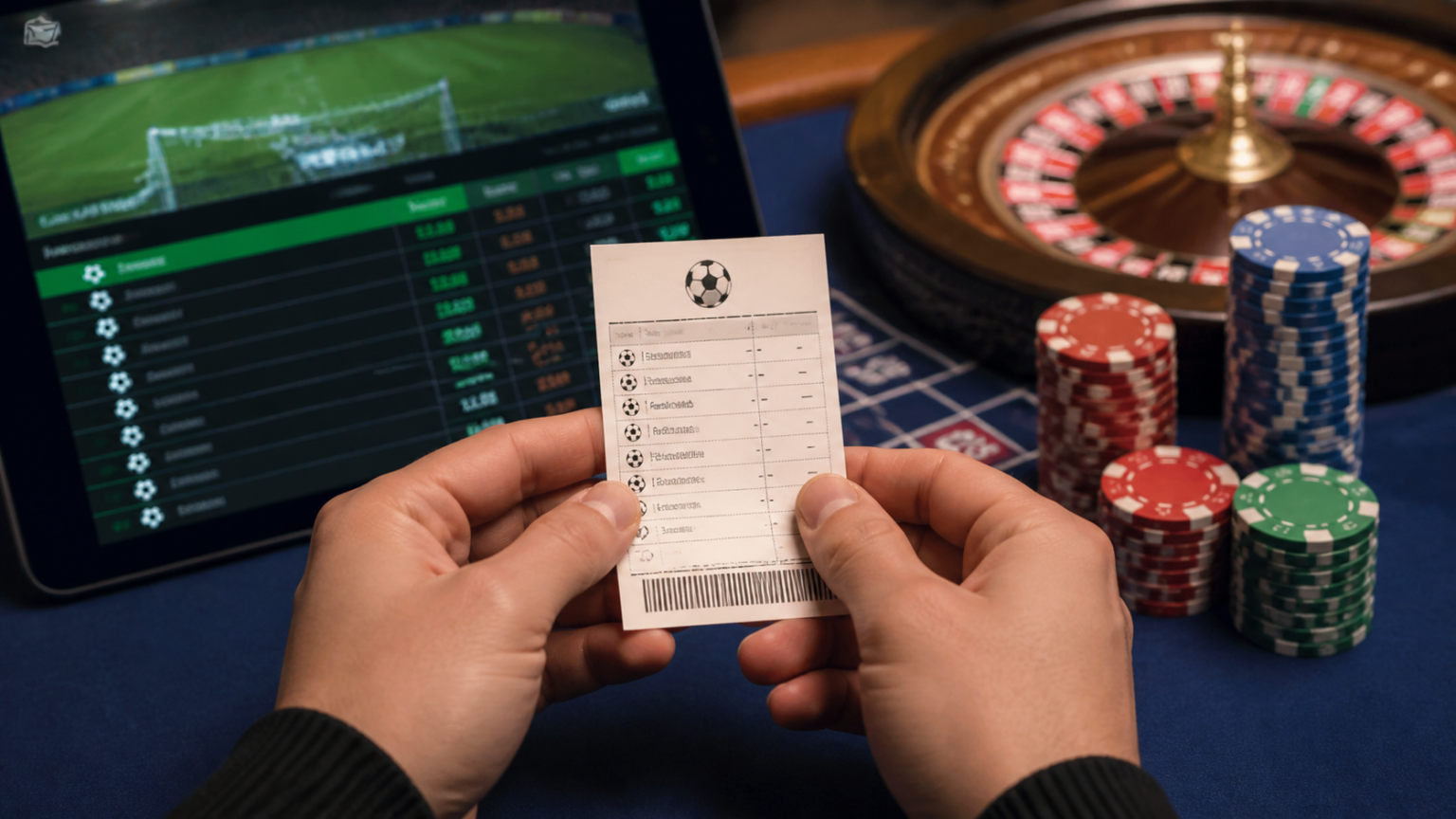 Sports betting slip and match odds in a casino-related scene