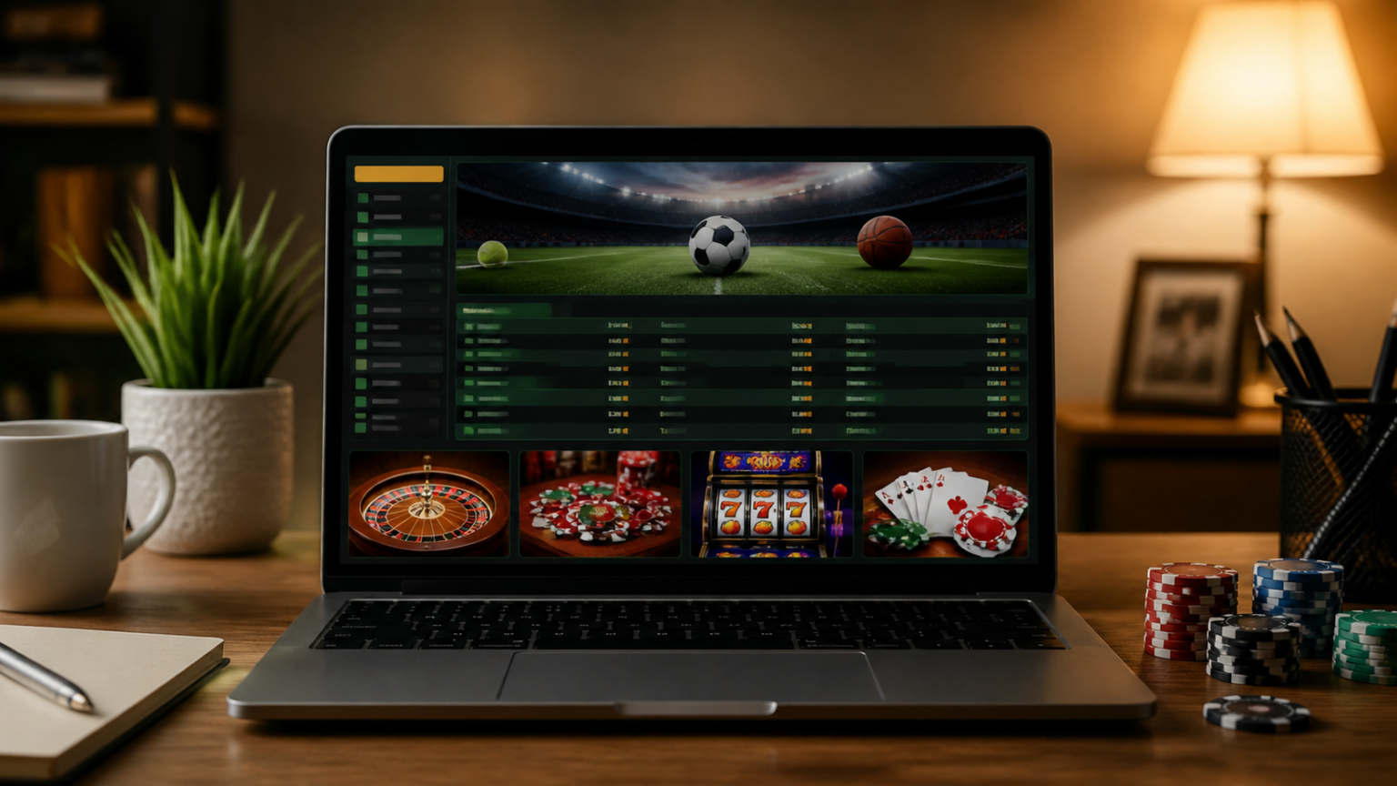 Laptop displaying a generic online betting site with sports odds and casino game options
